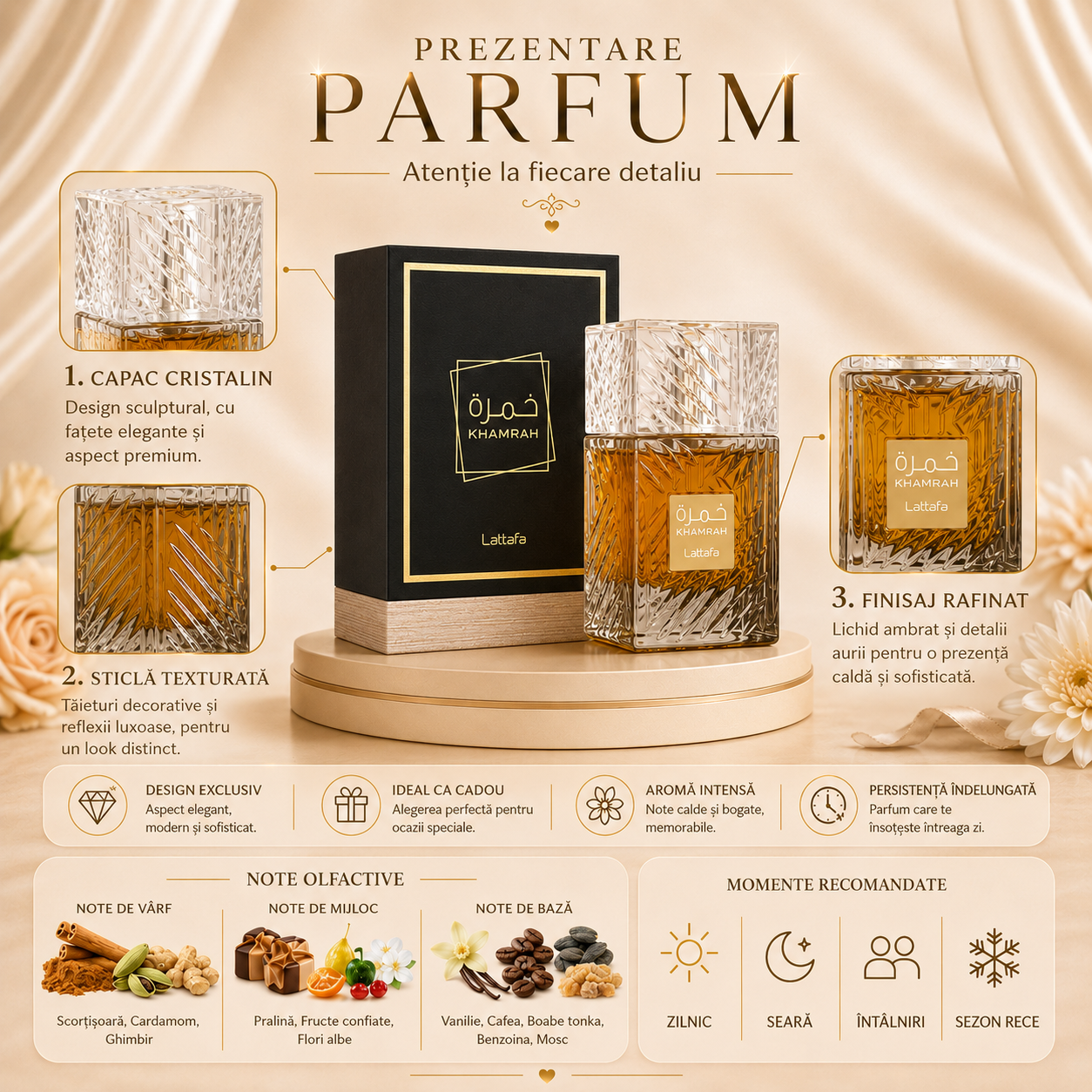 Prezentare parfum Khamrah Lattafa 100 ml cu detalii despre capac cristalin sticlă texturată și finisaj rafinat